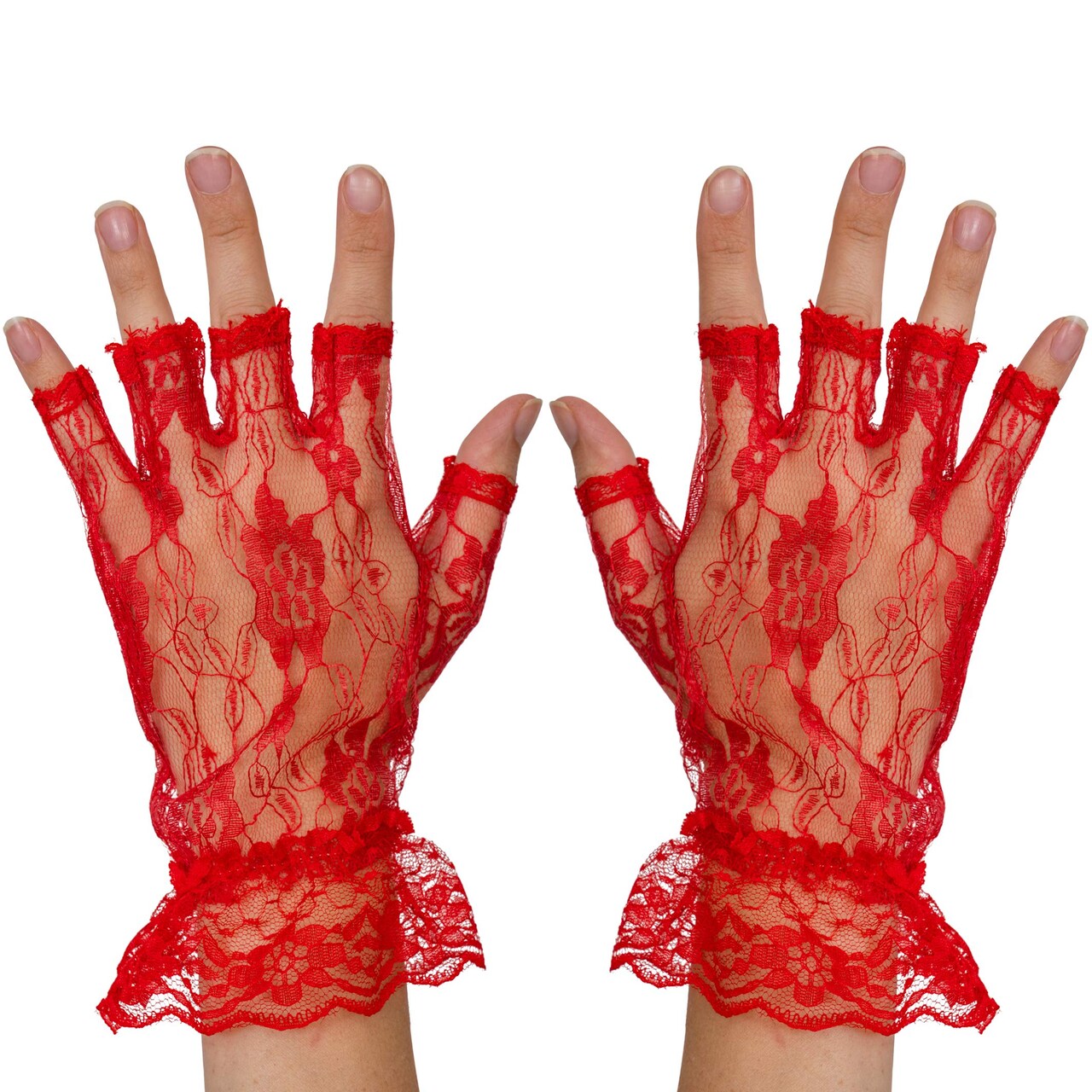 Fingerless Lace Red Gloves - Ladies and Girls Ruffled Lace Finger Free Bridal Wrist Gloves